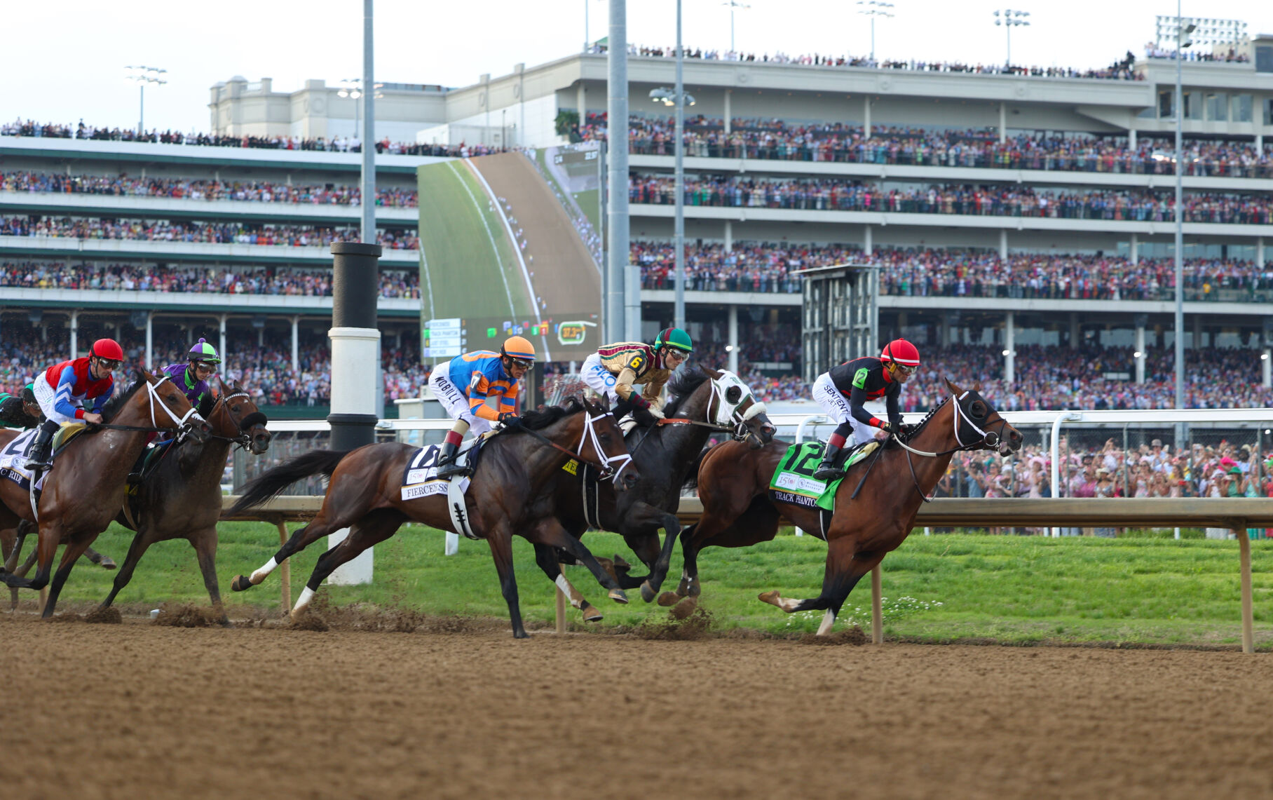 Horses move toward after First Turn at Kentucky Derby 150.JPG